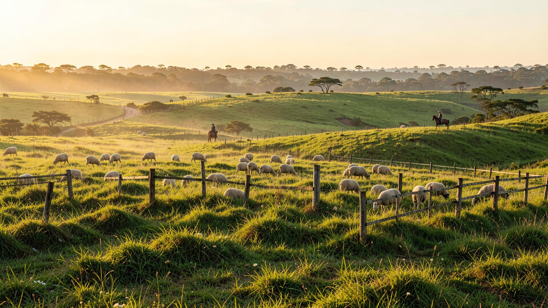 Campo do Pampa ao entardecer com ovelhas pastando
